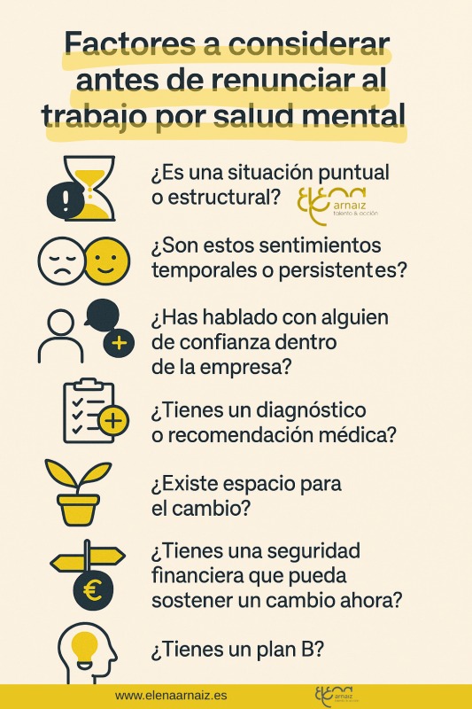 infografia con factores a tener en cuenta antes de renunciar al trabajo por salud mental